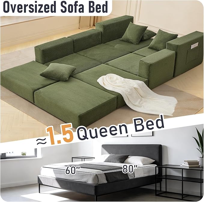 102 Upgraded L-shaped Modular Sectional Couches for Living Room Convertible Oversized Sleeper Sofa Bed-Luxury 1.5 Queen Bed. 11-in-1 Multifunctional Corduroy Boneless Folding Futon Couch Green.