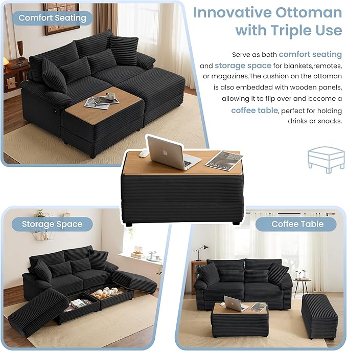 SUNWAVE 74 W Double Chaise Lounge Chair Indoor Oversized Loveseat with Storage Ottoman Corduroy Couch with USB Charging Removable Ottoman and Coffee Table Cushions for Living Room Bedroom