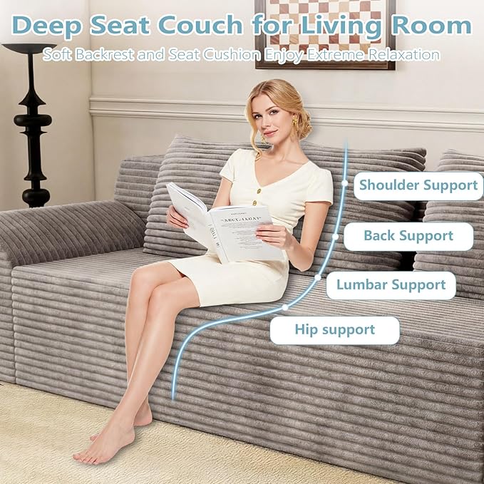 71Cloud Loveseat SofaModern 2-Seater Boneless Couch with 3Pillows &amp Side PocketSoft Corduroy LoveseatCompressed FoamDeep SeatNo Assembly for Living RoomBedroomApartment(Tilted Armrest Cam