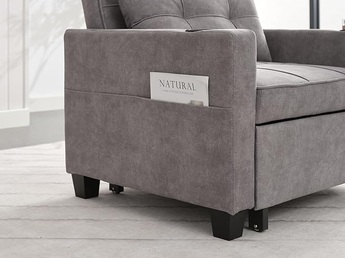 Futon Chair Bed Convertible Sleeper Chair3-in-1 Lazy Chair with USB PortsPull Out Chair Sleeper for Living Room Office Apartment (Tech cloth Light Grey)