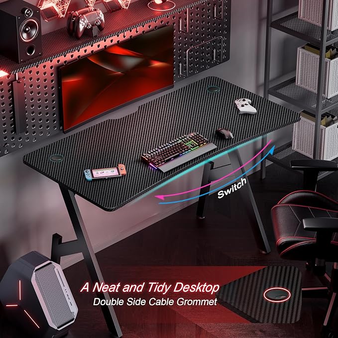 HLDIRECT 55 Inch Gaming Desk Large Computer Desk Gaming Table with Cable Management Ergonomic Carbon Fiber Gamer Table Pc Work Home Office Desks with Cup Holder &amp Headphone Hook &amp Mouse Pad