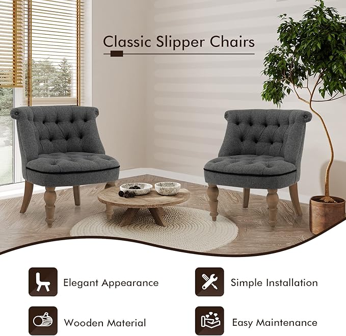 Giantex Accent Chair Set of 2 Single Sofa Chair with Tufted Backrests Beech Wood Legs Mid Century Corner Chairs Armless Slipper Chairs for Living Room Study Bedroom Reception Gray