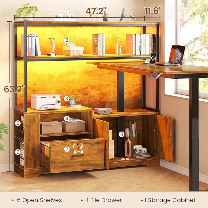 SEDETA 56.7 L Shaped Standing Desk Reversible Computer Office Desk with Drawers &amp Hutch Stand Up Corner Gaming Desks with LED Lights &amp Power Outlets for Home Office Rustic Brown
