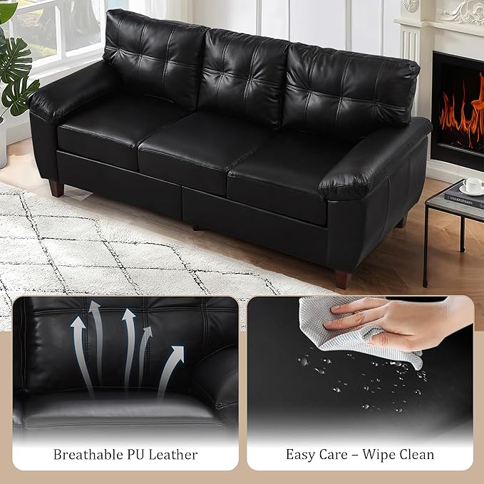 2+3 Seat Modular Sofa Set Faux Leather Sectional Couch with Deep Seats &amp Wide Armrests Mid-Century Tufted PU Upholstered Sofa Set for Living Room Apartment Office Vintage Storage Couch Black