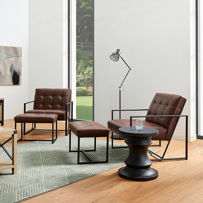 Glitzhome Accent Chairs with Ottoman Mid Century Modern Lounge Armchair with footrest with PU Leather &amp Metal Frame for Living Room Bedroom Apartment Office Brown