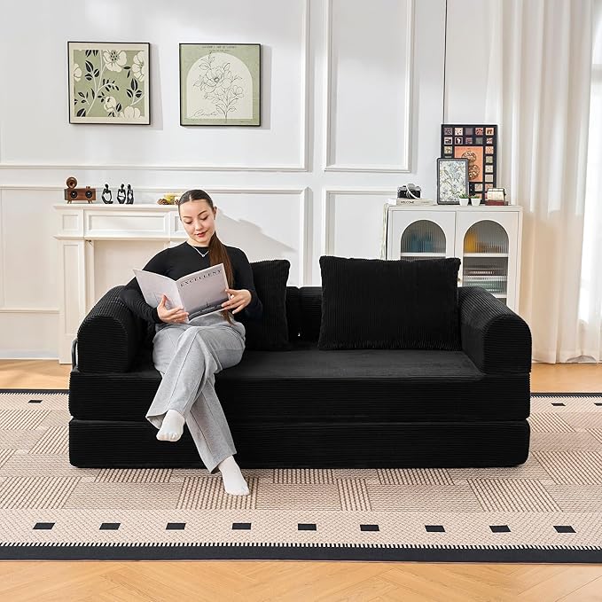 79 Convertible Sofa Bed 5-in-1Boneless Couch for Living Room with 2 Pillows Corduroy Folding Sleeper Sofa Bed Boneless Cloud Loveseat Futon Sofa Bed for Living Room Bedroom Lounge Black