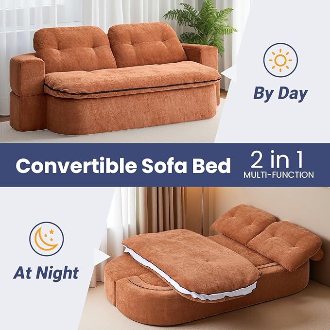 78.74 Convertible Sofa Bed Folding Loveseat Sleeper Sofa 2 in 1 Chenille Floor Couch Bed Foam Compressed Sofa with Pillows &amp Blanket for Living Room Apartment Studio Office (Brown)