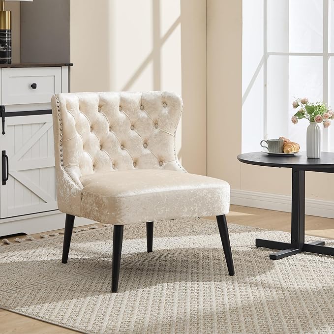 Mid Century Accent Chairs Set of 2 Upholstered Wingback Tufted Velvet Living Room Chair with Black Wood Legs Comfy Side Corner Chair for Small Spaces Bedroom Waiting Room Cafe Beige