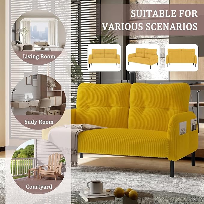 Corduroy Loveseat for Living Room &amp Bedroom - Modern 2-Seater Sofa with Storage PocketsSolid Wood Frame High-Density FoamComfortable Compact Couch for Small Spaces500 lb Capacity (Yellow)