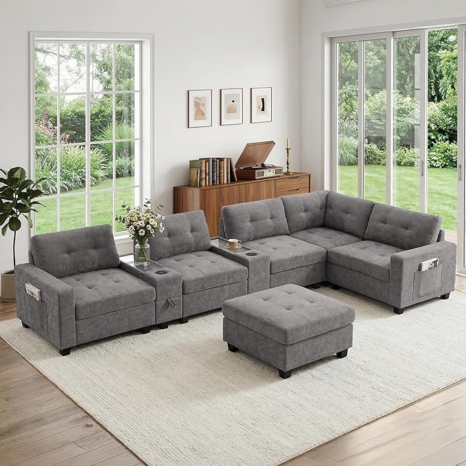 104'' Modular Sectional Sofa with 2 Tech Consoles Oversized U Shaped Couch Set with USB Charger Storage Movable Ottoman Chenille Large Sectional Couches for Living Room (Grey)