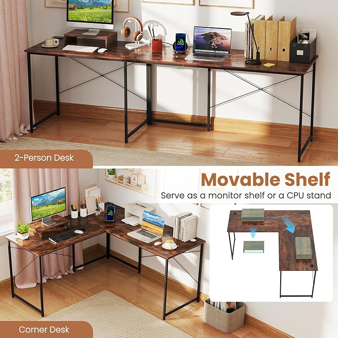 Tangkula L-Shaped Computer Desk with Power Outlets 95” Long 2-Person Desk with Monitor Shelf Modern Corner Desk Gaming Table with USB Ports for Home Office