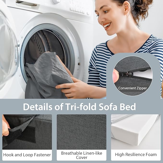Giantex 6 Inch Folding Sofa Bed Couch with Pillow Tri-fold Mattress with High-Density Foam Foldable Floor Couch with Headrest Portable Guest Bed with Zippered &amp Washable Cover Dark Grey