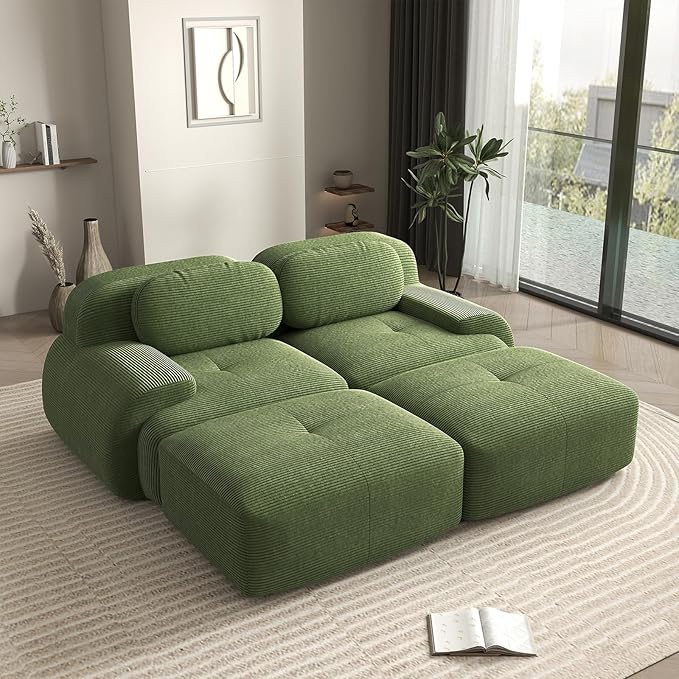 80 Modern Love Seat Boneless Couches for Living Room Corduroy Cloud Couch Sectional Green Modular Sectional Sofa Loveseat Sofa with 2 Ottoman Sofas para Sala Deep Seat Couch (Green 2+2 Set)