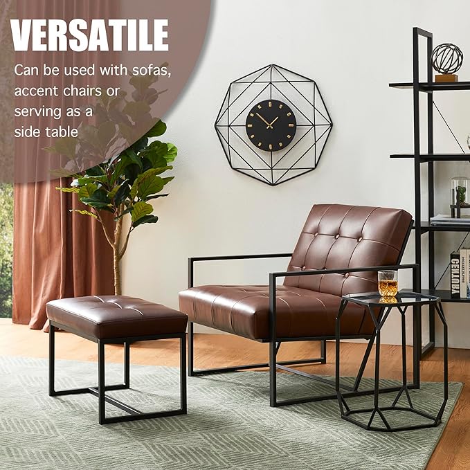 Glitzhome Accent Chairs with Ottoman Mid Century Modern Lounge Armchair with footrest with PU Leather &amp Metal Frame for Living Room Bedroom Apartment Office Brown