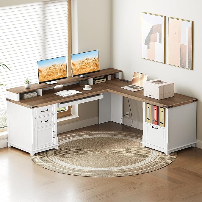 Farmhouse 69 Executive L Shaped Desk with Drawer Home Office Desk with Charging Station Corner Computer Desk with Monitor Stand File Drawer Storage Cabinet White and Walnut