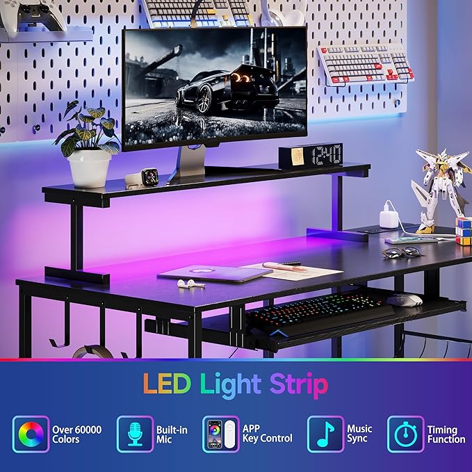 L Shaped Gaming Desk with Power Outlets &amp RGB Lights 46'' L- Shaped Desk Computer Corner Desk with Monitor Stand &amp Storage Shelf &amp Hook Home Office Desk Writing Desk Black