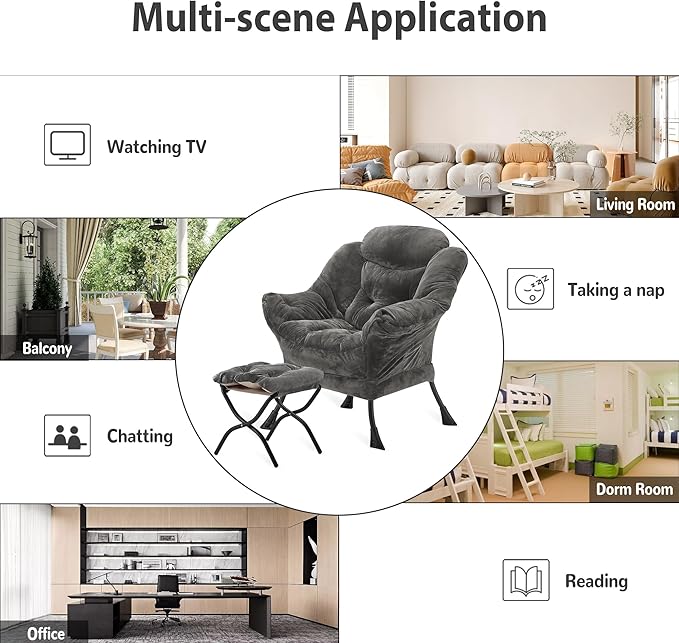 Lazy Chair with Folding Ottoman Accent Chair Plush Upholstered with Metal Structure and Non-Slip Pads Sofa Armchair with Footrest and Side Storage Bag for Dorm Room Office Dark Gray