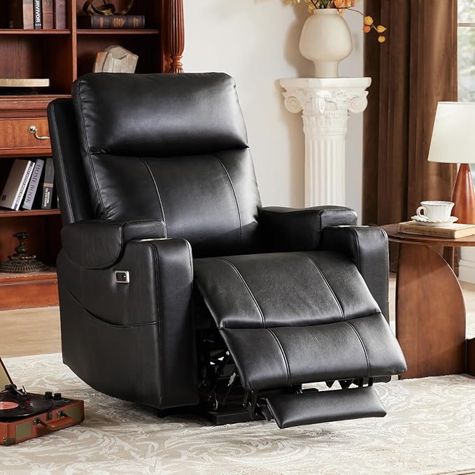 Triple Motor Power Lift Recliner Chair with Adjustable Lumbar Support Lay Flat Recliner for Elderly Breathable Black Lift Chair Leather Recliner Massage &amp Heating USB Ports Cup Holders