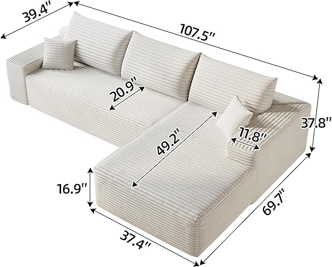 Eafurn Oversized L Shape Modular Sectional Sofa with Right Facing Chaise LoungeWide Deep Seat Compressed Corner CouchMinimalist Corduroy Upholstered Boneless Lounge Sofa Couch | Breathable material