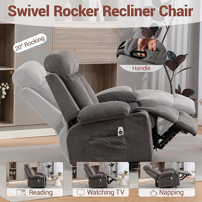 Oversized Recliner Chair for Adults w/Vibration Massage and Heating 360° Swivel Rocker Glider Recliner w/Cup Holder and USB Charge for Living Room Bedroom Grey