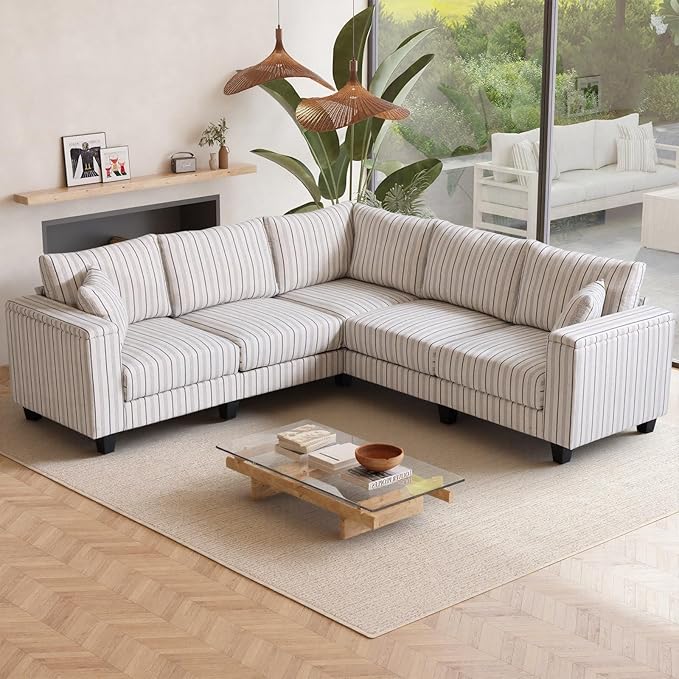 97 L Shaped Couch Corner Sofa 5 Seater Oversized Cloud Couch with 2 Pillows Modular Sectional Sofa Armrests with Two Hidden Storage Space Sectional Couches for Living Room Blue Stripe
