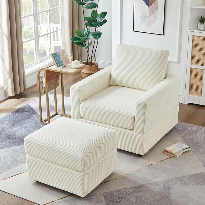 GDFStudio 32 Single Seat Sofa Couch Corduroy Comfy Deep Seat Sofa Sleeper Sofa Bed Chaise Couch Chair with Ottoman Removable Footrest Oversized Armchair for Living Room Beige