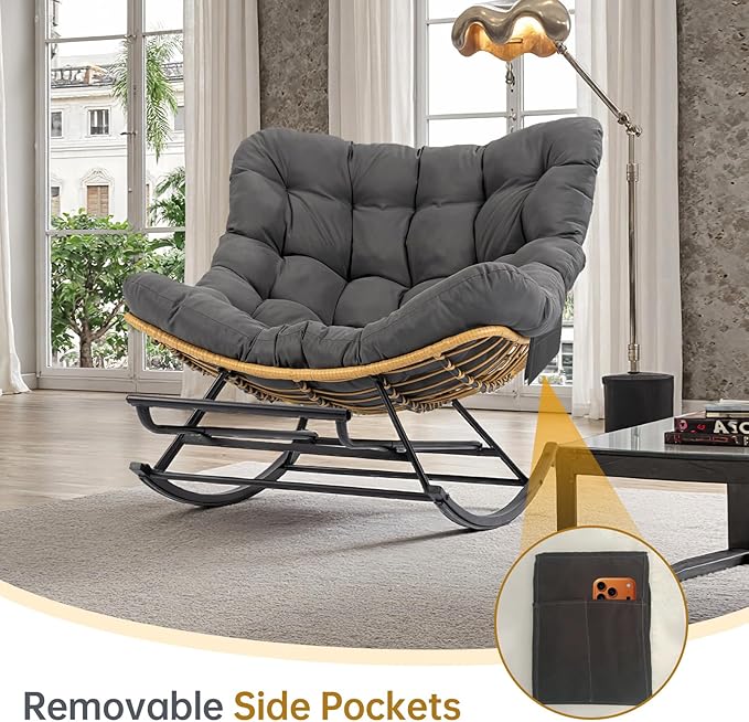 Egg Chair Wicker Outdoor Chairs Oversized Patio Lounger Chair with Water Resistant PE Rattan Adjustable Footstool Cushioned Comfort for Porch Garden Living Room Dark Grey