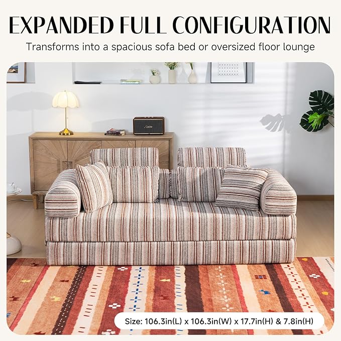 79 Corduroy Sofa Bed Sleeper Couch 6-in-1 Convertible Boneless Floor Futon Loveseat High-Density Foam Couch in a Box with 2 Headrest Pillows No Assembly Red and White