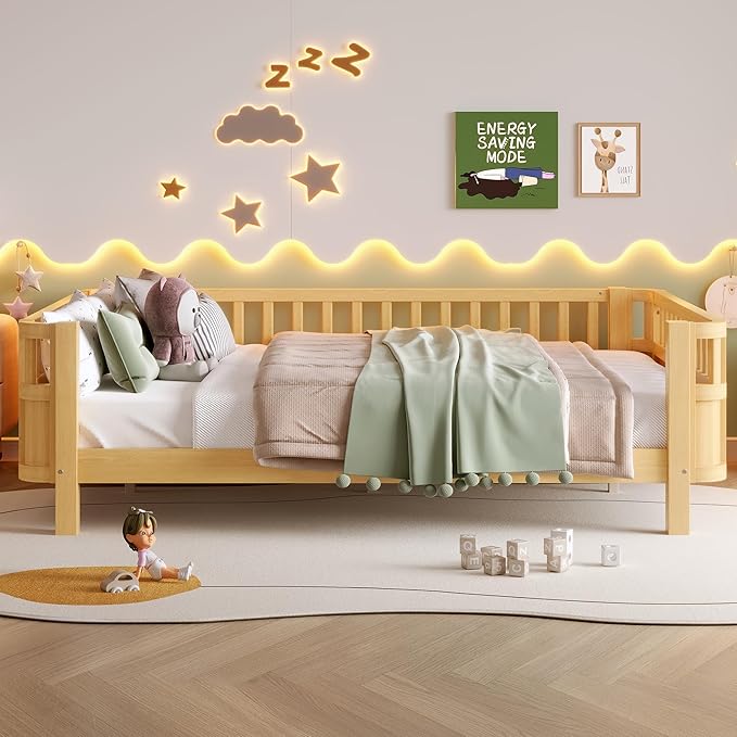 Bellemave Full Size Montessori Bed with Fence and Slats Full Size Low Platform Bed Frame with Detachable Side Bed Rails and Rounded Corner Design Easy Assemble Montessori Bed Natural