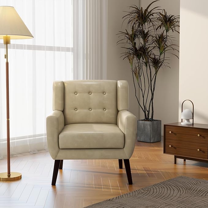 Accent Chair Mid-Century Modern PU Leather Chairs with Arms for Living Room Comfy Upholstered Club Single Sofa Armchair for Bedroom Waiting Room with Solid Wood Frame（Leather Cream Set of 2