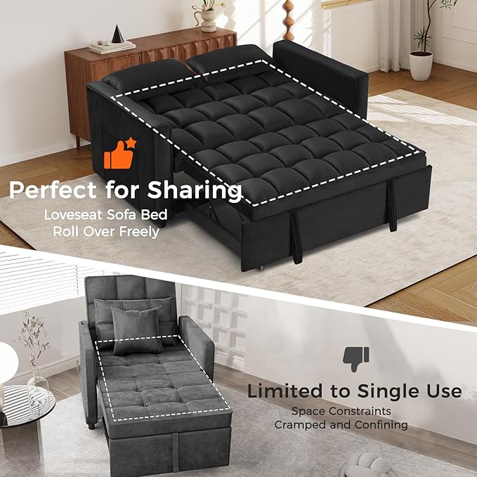 ANJ 3 in 1 Convertible Sofa Bed Pull Out Futon Loveseat Sleeper Sofa Couch with Adjustable Backrest Storage Pockets 2 Pillows for Living Room Bedroom