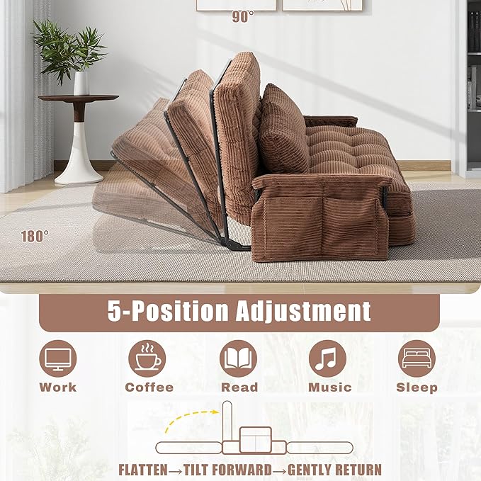 5-Position Adjustable Floor Sofa CouchMulti-Functional Bean Bag BedFoldable Lazy Sofa Sleeper Bed with ArmrestIdeal for Reading and Playing (Brown)