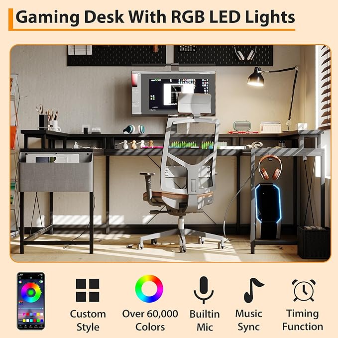 IDEALHOUSE U Shaped Home Office Desk Reversible L Shaped Gaming Computer Desk with Power Outlets126 Inch Computer Desk with Monitor Stand and LED LightsStorage ShelvesStorage Bag and Hooks（Black）