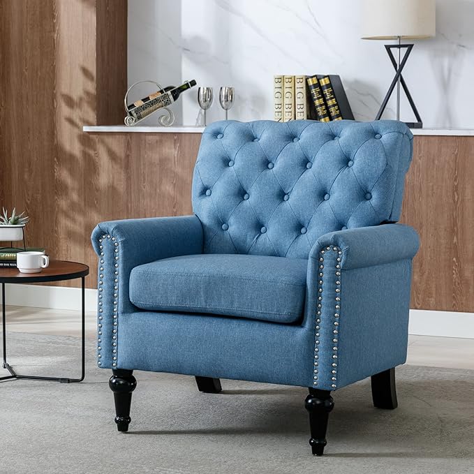 Upholstered Accent ChairsMid Century Armchair Sofa ChairsComfy Living Room ChairButton Tufted Reading Chair for Living Room BedroomStudy (1 Blue)