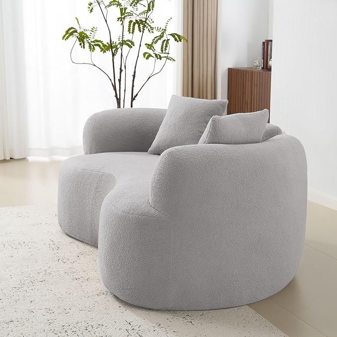 KEIKI 66.93 Cloud Sofa Curved Loveseat Sofa Teddy Velvet Compression Couch for Living Room Guest Bedroom No Assembly Required Gray