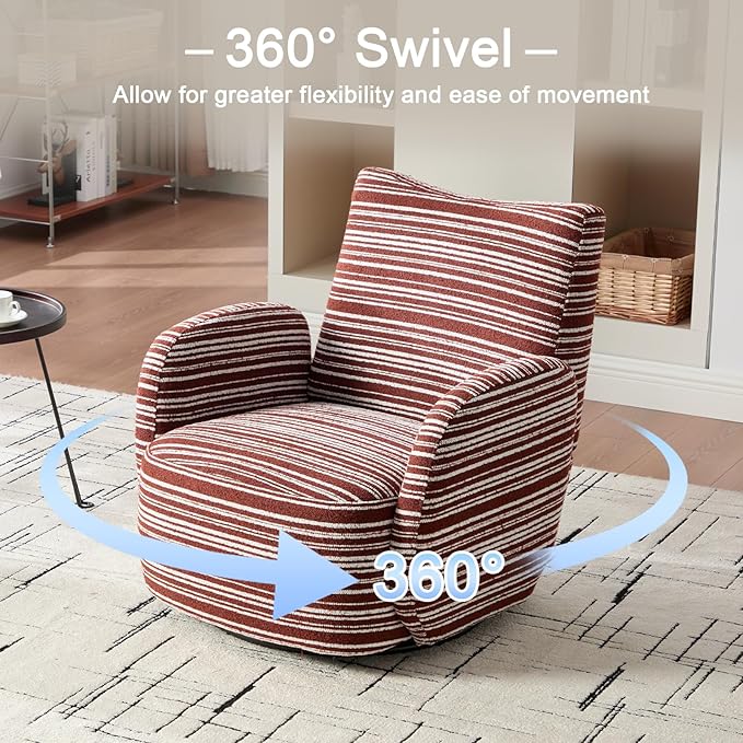 360° Swivel Accent Chair with Armrest Modern Striped Upholstered Lounge Chair Stable Round Base &amp Sturdy Metal Frame Armchair for Bedroom Living Room Office &amp Vanity (Oxblood)