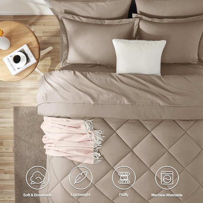 CozyLux Queen Comforter Set Khaki - Bed in a Bag Queen Size 7 Pieces Luxury Soft Bed Set for All Seasons Bedding Set with Down Alternative Comforter Sheets Pillowcases &amp Shams
