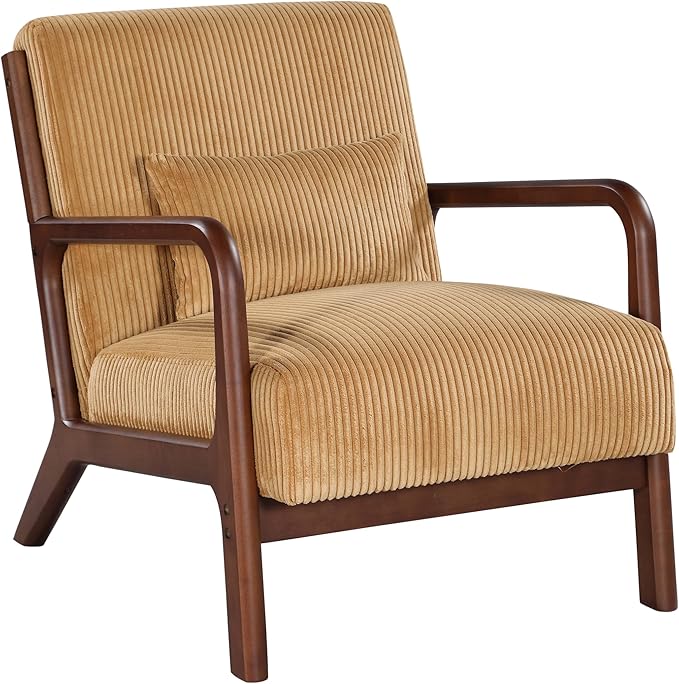 Wooden Accent Arm Chair Mid Century Armchair Comfy Modern Corduroy Accent Chair Boho Arm Chair with Pillow for Bedroom Lounge Living Room (Yellow)
