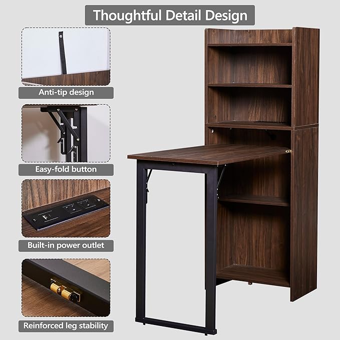 Foldable Desk with StorageHidden Desk with Built-in SocketFold Out Writing Table for Small SpacesHome Office and Bedroom (Dark Walnut)
