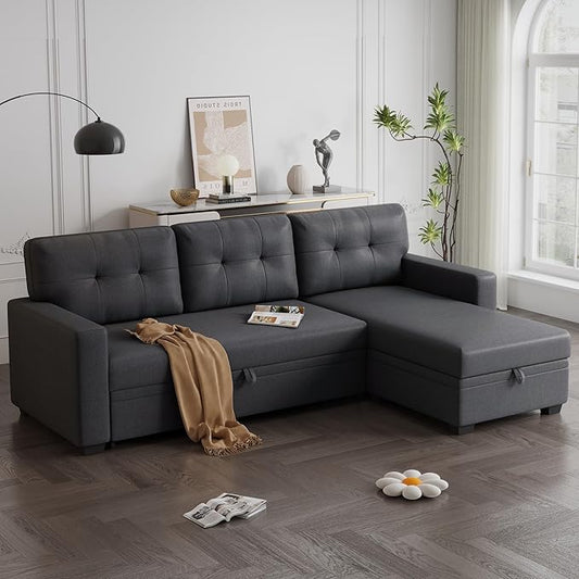 Linen Upholstered Pull Out Sectional Sofa with Storage ChaiseCouch W/ Removable Back CushionsCan Be Converted Into a Twin Size Sleeperfor Living RoomApartmentOfficeDark Gray