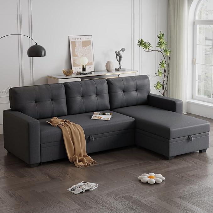 82 L-Shape Convertible Sleeper Sectional Sofa with Storage Chaise and Pull-Out BedModular Corner Couch Loungew/Removable 3 Back Cushions &amp Armrestfor Home FurnitureDark Gray