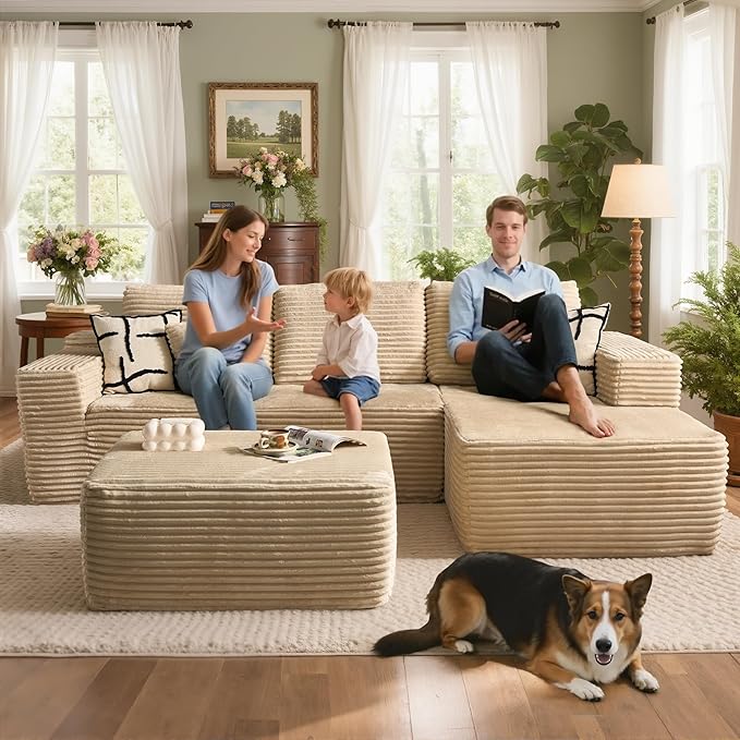 106 Cloud Sectional Couch with L-Shape Chaise &amp Ottoman No Assembly Modular Sofa Deep Seat Plush Corduroy Boneless Couched for Living Room (Beige Plush Corduroy L Shape with Ottoman-Right Faci