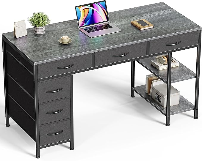 Huuger Computer Desk with 6 Drawers Office Desk with Shelves Reversible Gaming Desk Corner Desk with Storage Work for Home Office Study Living Room 47inch Gray