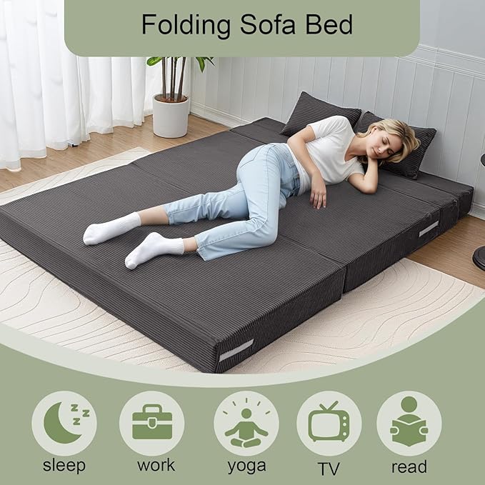 MeMoreCool Boneless Folding Sofa Bed Queen Corduroy Convertible Sleeper Chair Foldable Foam Mattress Chair Comfy Fold‑Out Futon Couch Bed Large Floor Sofa Couch for Living‑Room Guest