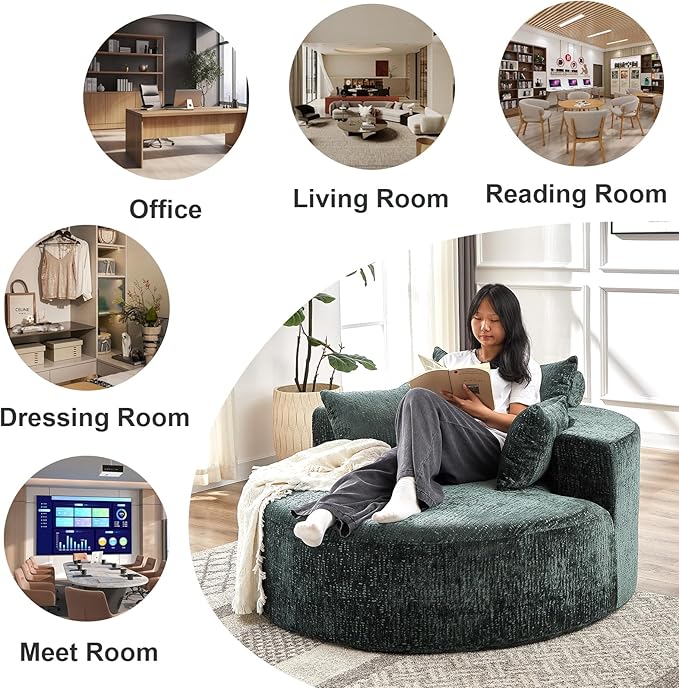 55''L Chenille Sponge Single Sofa Oversized Round Chair Fluffy Modern Longue Chair for Living Room Projection RoomWide Armrest Lounge Chairs Armchair with Pillow Green