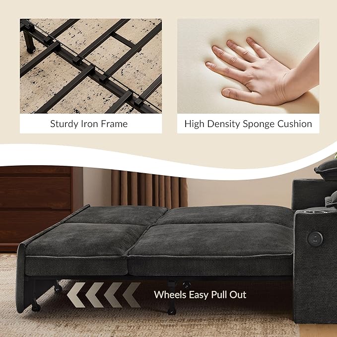 82.7’’ King Size Pull Out Sofa Bed 3 in 1 Convertible Sleeper Sofa Bed with Futon Sofa Black | USB Ports Chenille Loveseat Storage Pocket Pet-Friendly Pull Out Sofa Bed