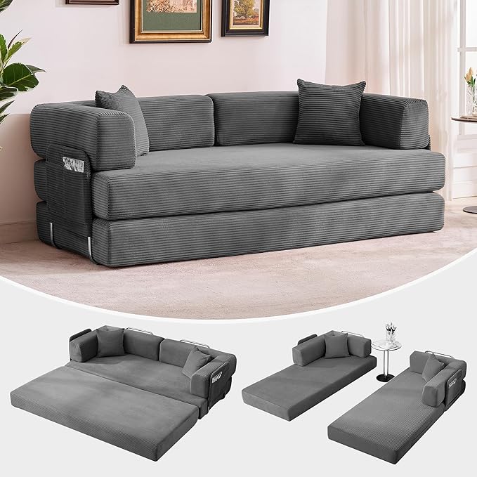 Garvee 5-in-1 Convertible Sofa Bed 78.8 Modular Corduroy Sleeper with Sturdy Frame &amp No Assembly Multi-Functional Futon for Small Space Living Room &amp Guest Room (Green) (Gray-A)