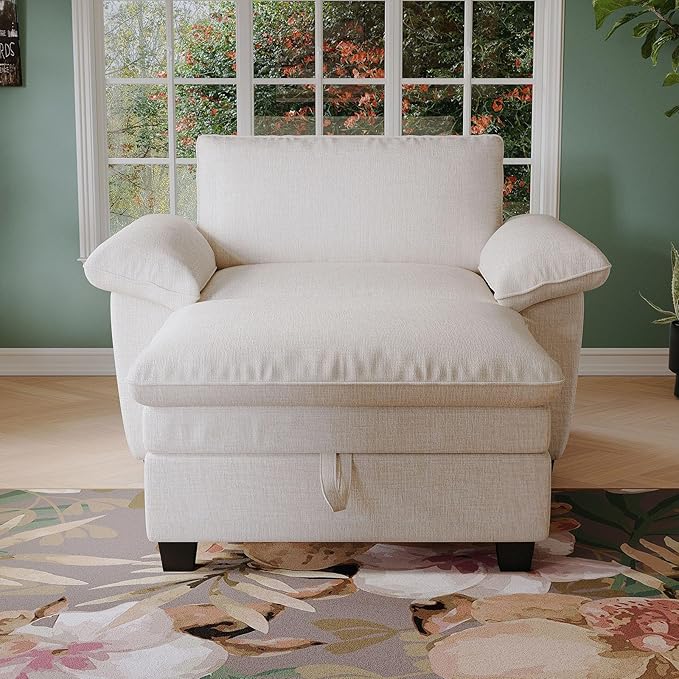 Oversized Chair with Ottoman Cloud Chenille Fabric Comfy Chaise Lounge Sofa Accent Arm Single Chair Indoor with Padded Armrest for Living Room Bedroom Office Storage Ottoman Beige