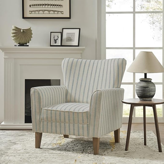 HULALA HOME Farmhouse Wingback Accent Chair Upholstered Striped Armchair with Solid Wood Legs Thick Seat Cushion for Living Room or Bedroom Blue