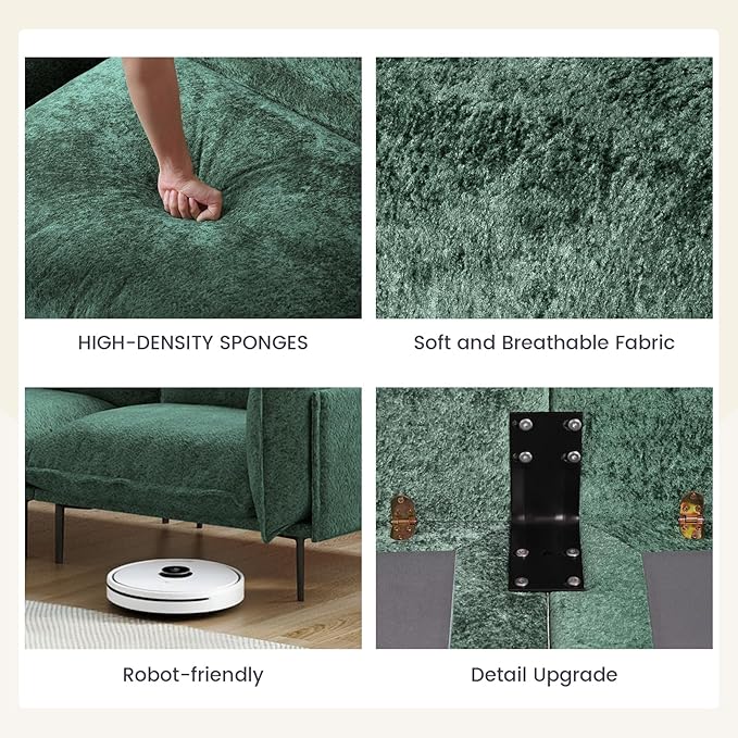 WJShome Modular Velvet Sectional Sofa with Chaise 74 Modern L-Shaped Couch for Living Room 3-Seater Sofa with Removable Cushions and 8 High Metal Legs Easy to Clean Green